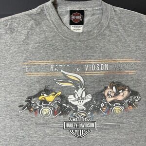 Vintage Harley Davidson Looney Tunes Tshirt Men's L Gray Double‎ Sided